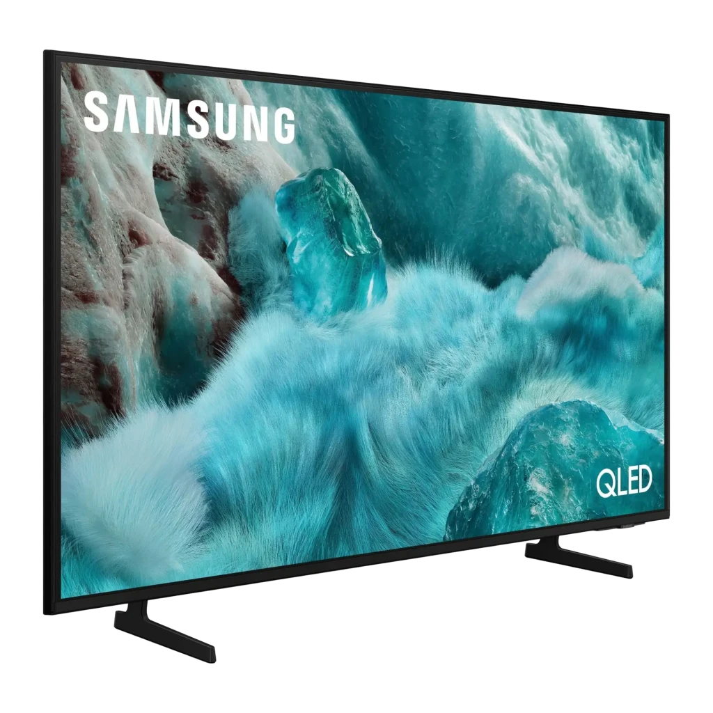 Samsung QE50Q7F2AU 50 pulgadas QLED 4K negro, vista angular izquierda: pantalla encendida con logo Samsung y QLED, marco