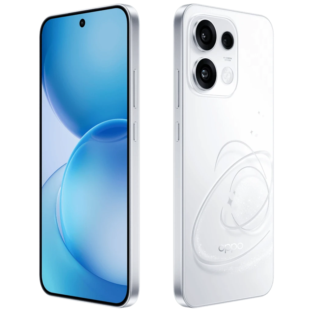 Smartphone blanco con pantalla AMOLED 6,57 pulgadas 120Hz, biseles finos y cámara trasera triple con sensor principal de 50MP; diseño trasero con destellos y