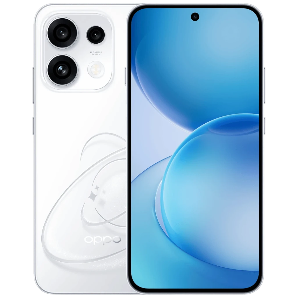 OPPO Reno16 FS 5G blanco con pantalla AMOLED 6,57 pulgadas 120Hz, frontal perforado centrado y triple cámara trasera con lente principal 50MP y acabado perlado