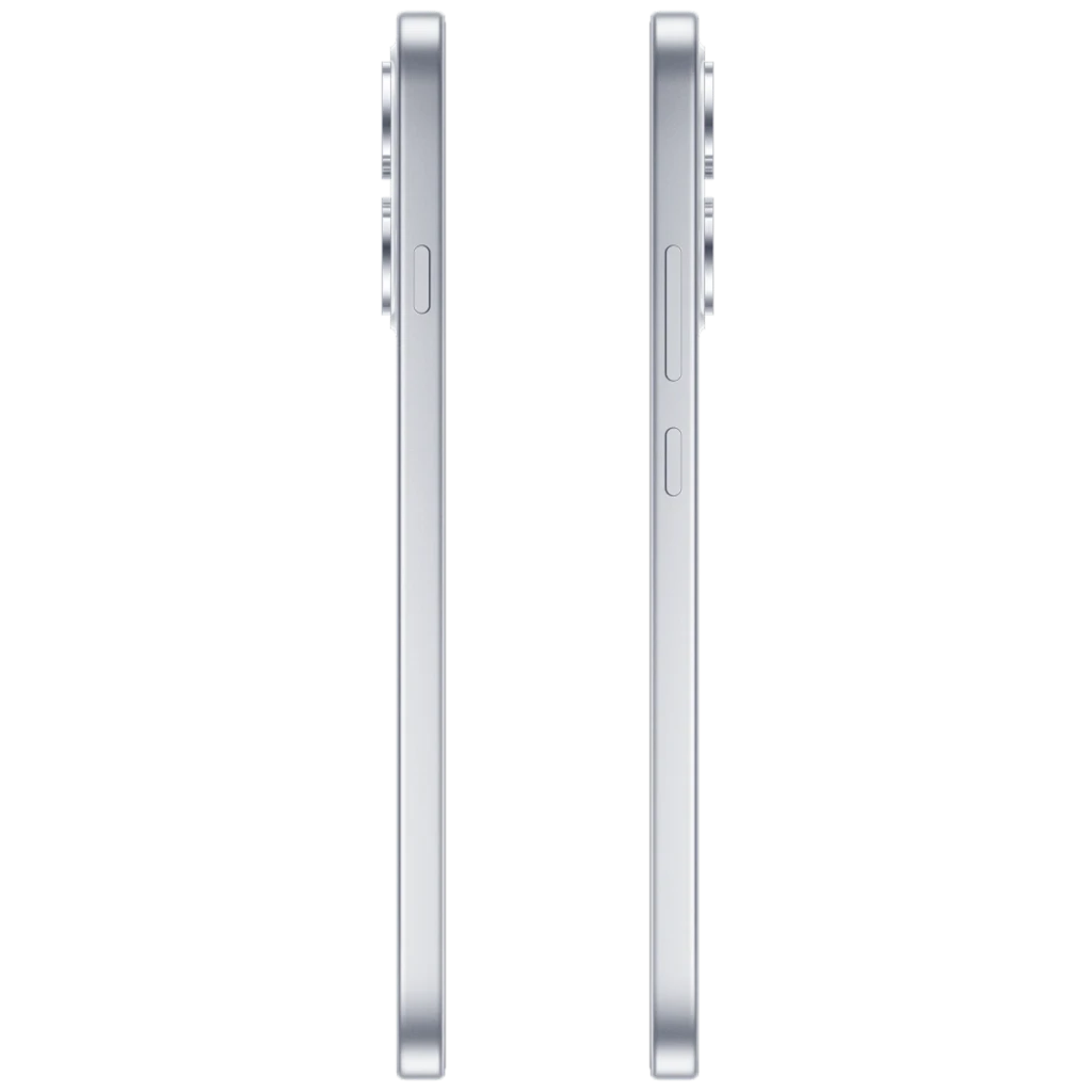 Perfil lateral del OPPO Reno16 FS 5G blanco, cuerpo delgado en aluminio, botones de volumen y encendido, módulo de cámara trasera sobresaliente