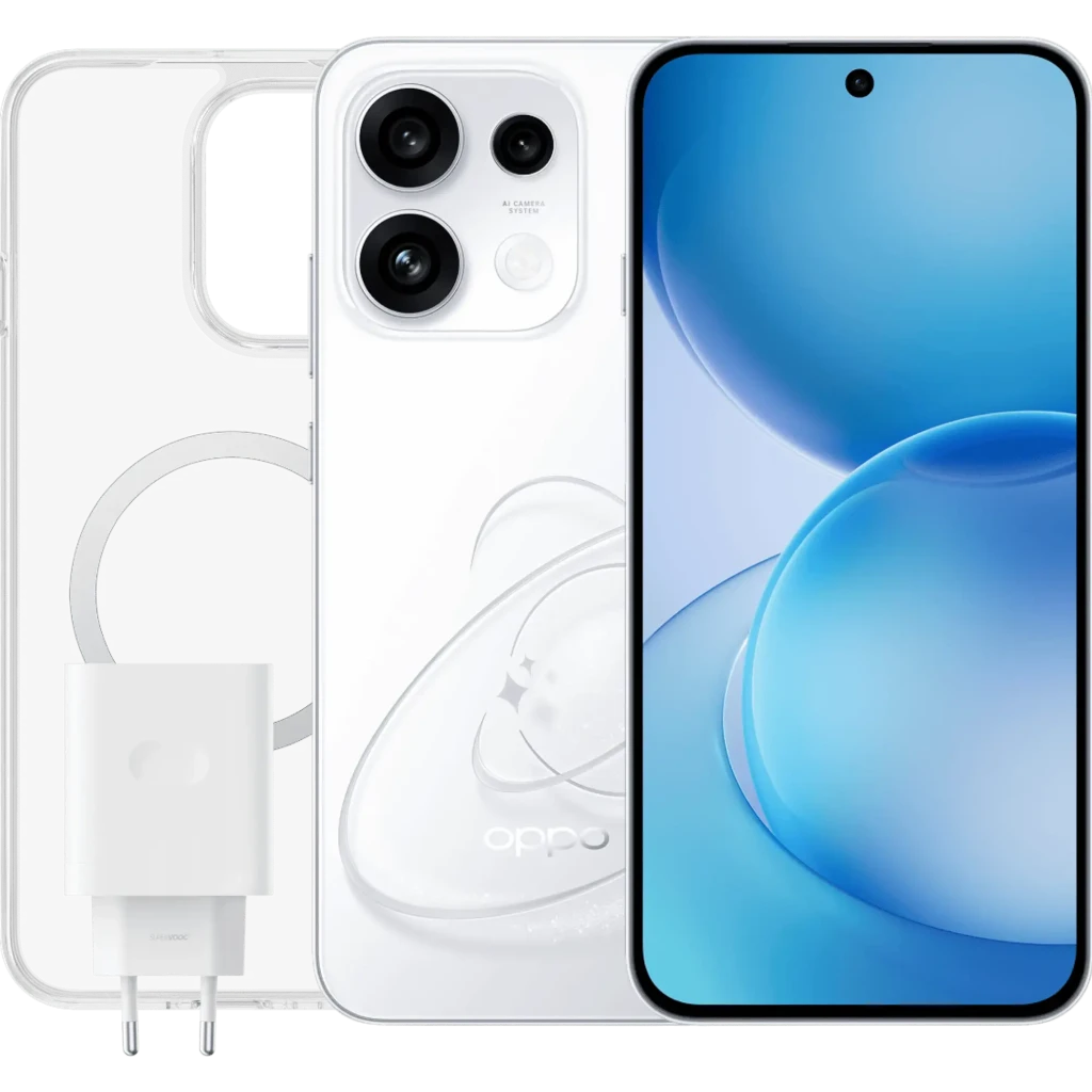 OPPO Reno16 FS 5G blanco con pantalla AMOLED 6,57 pulgadas 120Hz, triple cámara 50MP, funda transparente y cargador incluidos; diseño elegante y brillante