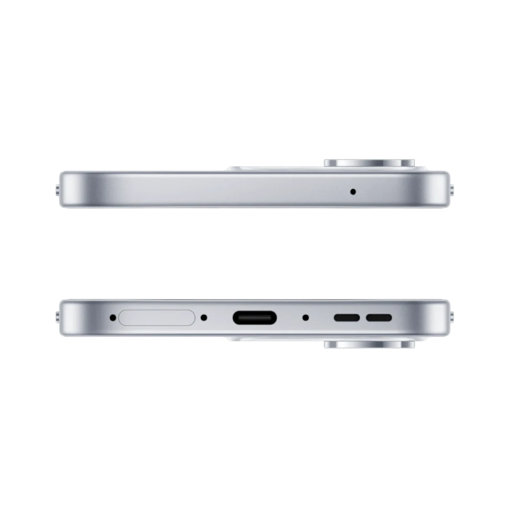Bordes superior e inferior plateados con USB‑C, rejillas de altavoz, bandeja SIM y módulo de cámara trasera sobresaliente del OPPO Reno16 FS 5G blanco