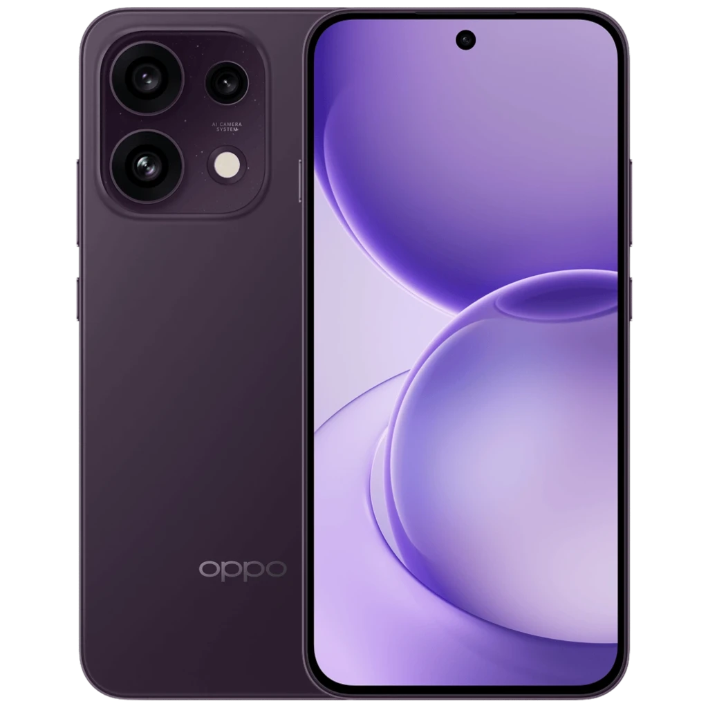 OPPO Reno16 5G Purple Black con pantalla AMOLED 6,32 pulgadas 120Hz, frontal con orificio centrado y triple cámara trasera 50MP en módulo cuadrado elegante