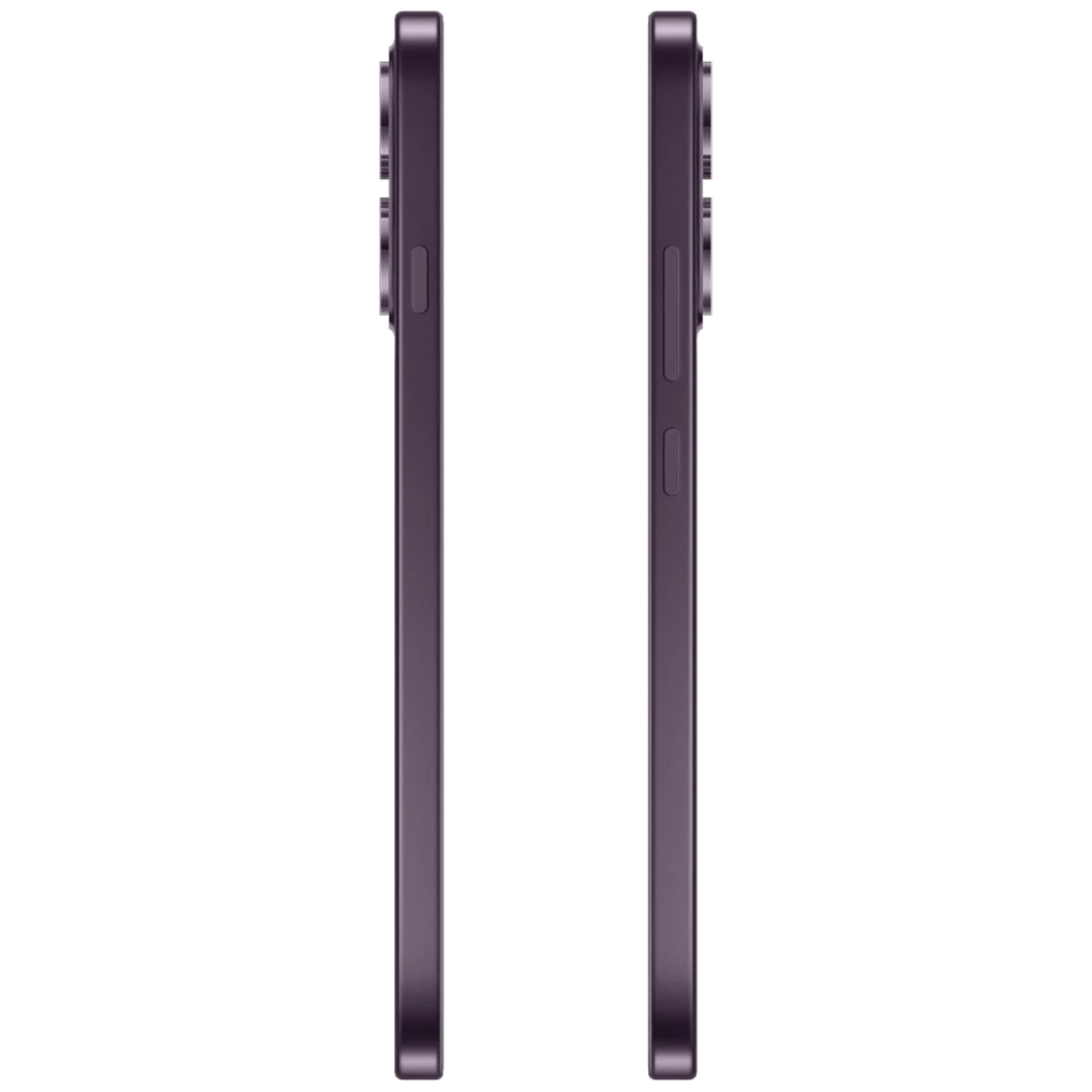 OPPO Reno16 5G en color Purple Black, vista lateral delgado con marco metálico, botones laterales y módulo de cámara trasera sobresaliente en relieve