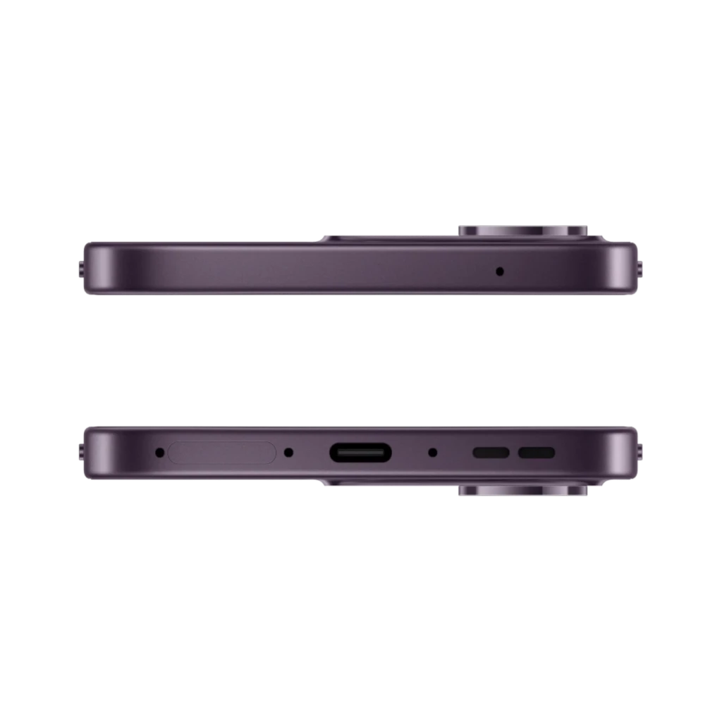 Bordes planos en color púrpura oscuro del OPPO Reno16 5G con módulo de cámara sobresaliente, puerto USB-C, rejilla de altavoz y bandeja SIM visibles