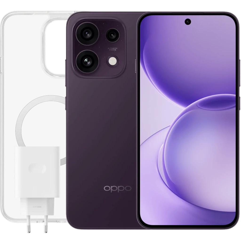 OPPO Reno16 5G morado negro con pantalla AMOLED 6,32 pulgadas 120Hz, cámara 50MP, frontal perforada centrada, incluye funda transparente y cargador blanco