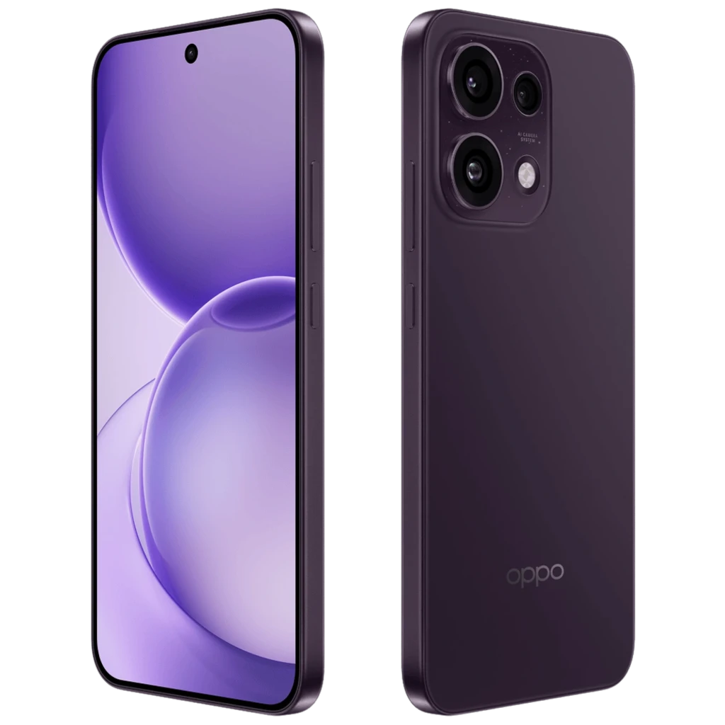 OPPO Reno16 5G morado negro con pantalla AMOLED 6,32 pulgadas 120Hz y triple cámara trasera con sensor 50MP; frontal perforada y acabado mate elegante
