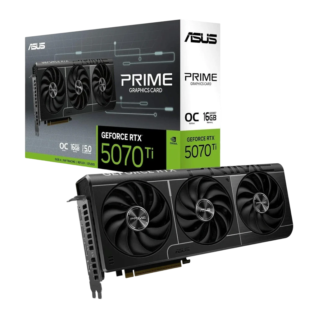 ASUS Prime GeForce RTX 5070 Ti OC 16GB Negro, producto y caja: tarjeta con triple ventilador frente a su packaging