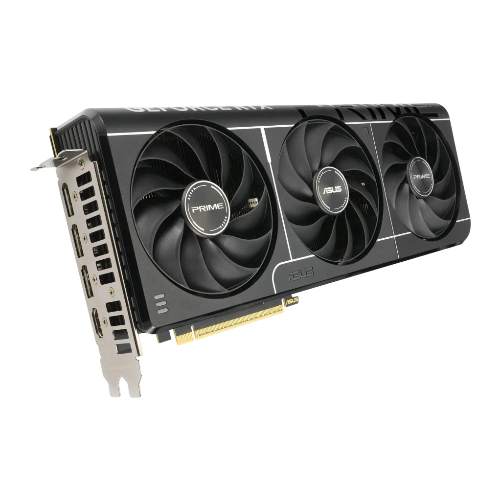ASUS Prime GeForce RTX 5070 Ti OC 16GB Negro, vista frontal en ángulo: tres ventiladores con logo PRIME y conectores en