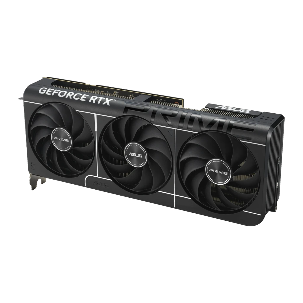 ASUS Prime GeForce RTX 5070 Ti OC 16GB negro, ángulo 3/4 con conectores: puertos traseros y ventiladores