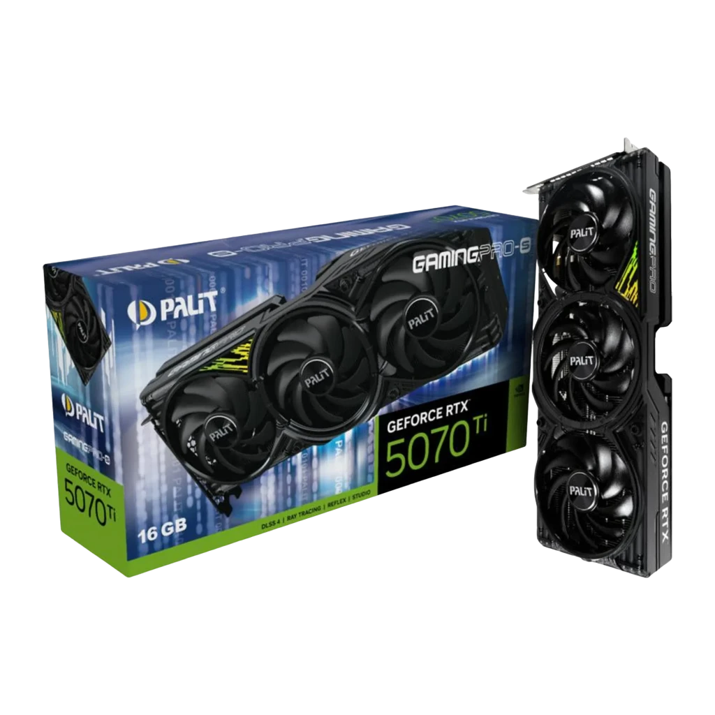 Palit RTX 5070 Ti GamingPro-S 16GB negro, caja y tarjeta: packaging azul junto a GPU con triple ventilador vista frontal