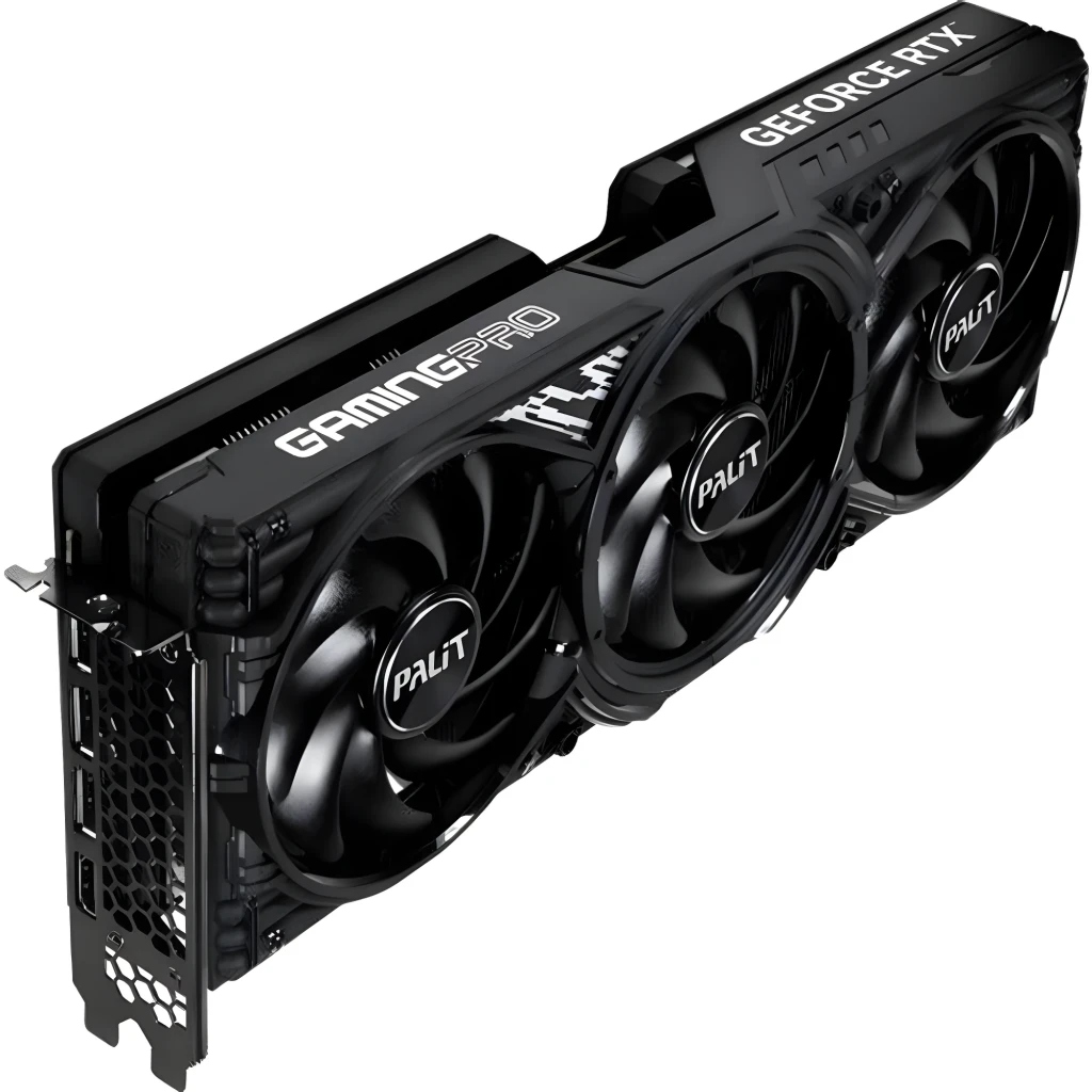 Palit RTX 5070 Ti GamingPro-S 16GB noir, vue avant en angle: trois ventilateurs logo Palit, équerre avec ports et texte