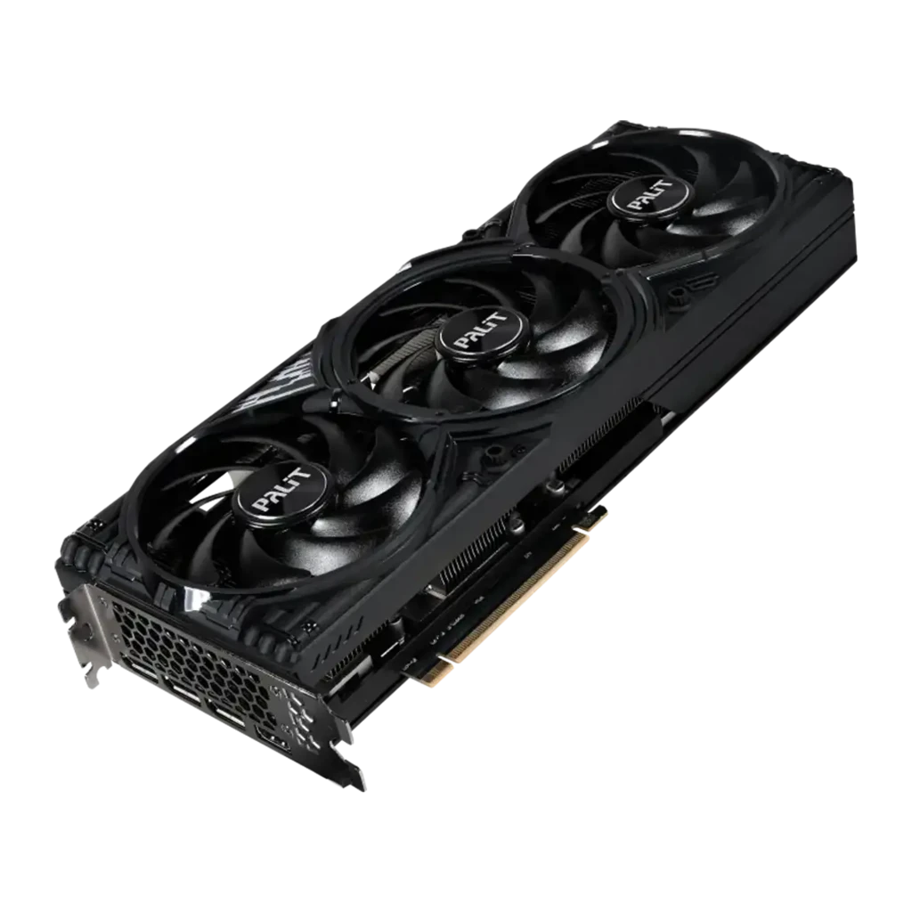 Palit RTX 5070 Ti GamingPro-S 16GB noir, vue avant en angle: triple ventilateur avec logos Palit et équerre latérale avec