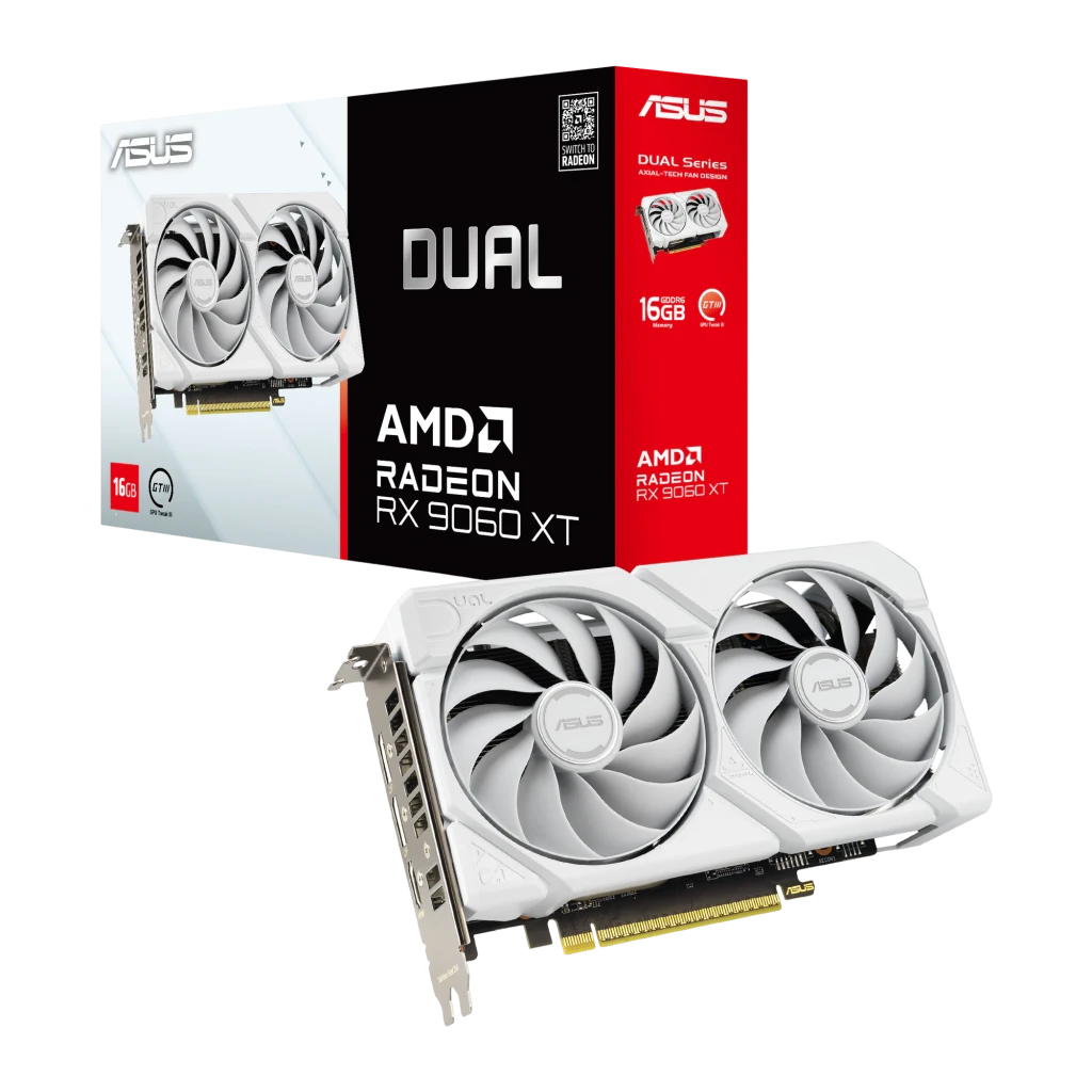 ASUS Dual RX 9060 XT 16GB Blanco, vista con caja: tarjeta gráfica en ángulo y packaging oficial AMD Radeon