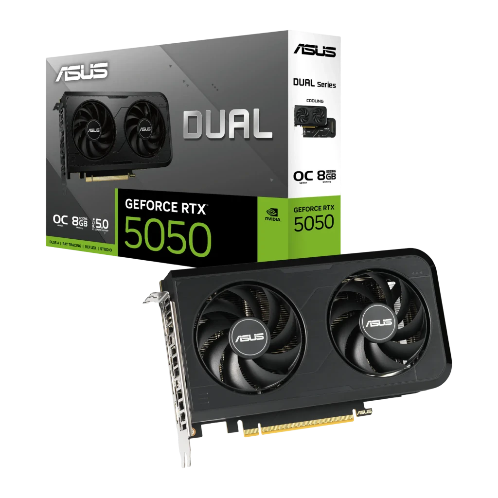 ASUS Dual GeForce RTX 5050 OC 8GB Negro, vista producto y caja: tarjeta con dos ventiladores y packaging oficial