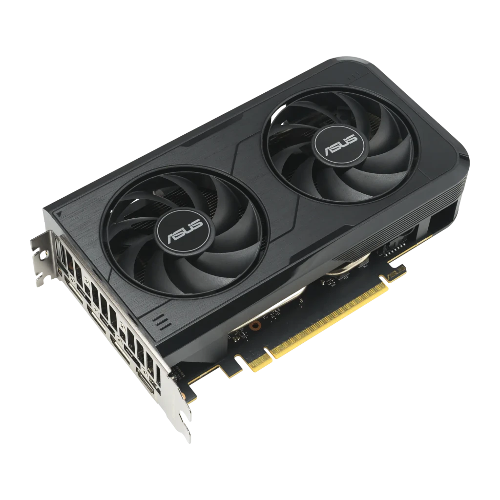 ASUS Dual GeForce RTX 5050 OC 8GB negro, vista en perspectiva: dos ventiladores con logo ASUS y conector PCIe dorado