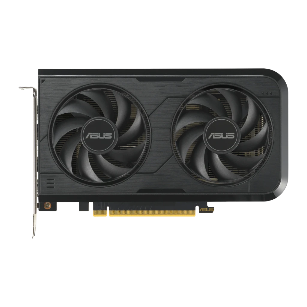 ASUS Dual GeForce RTX 5050 OC 8GB negro, vista frontal: dos ventiladores con logo ASUS y conector PCIe dorado