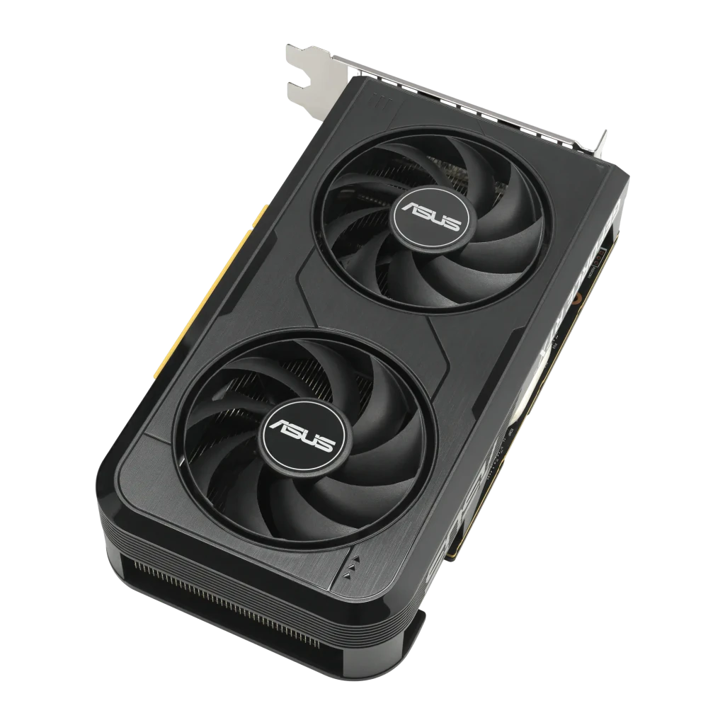 ASUS Dual GeForce RTX 5050 OC 8GB Negro, vista diagonal superior: dos ventiladores con logo ASUS y bracket lateral visible