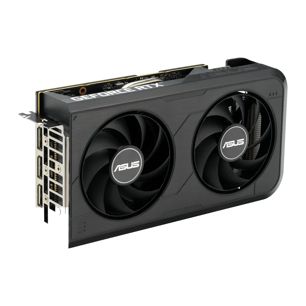 ASUS Tarjeta Gráfica Dual GeForce RTX 5050 OC 8GB Negro, vista trasera: conectores de alimentación y dos ventiladores