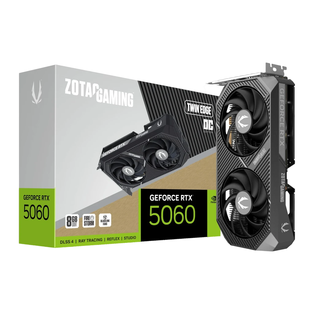 ZOTAC RTX 5060 Twin Edge OC 8GB negro, vista con caja: tarjeta gráfica y packaging oficial juntos