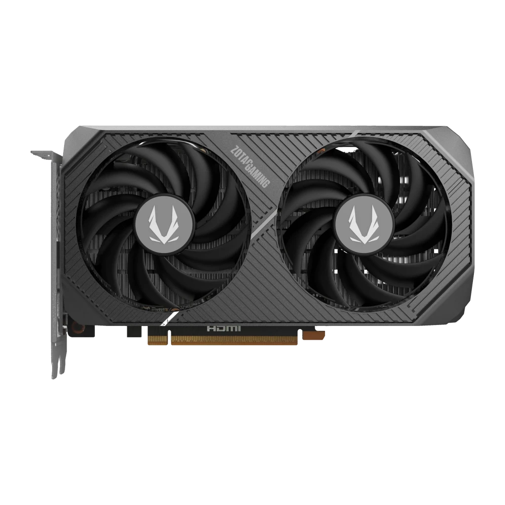 ZOTAC RTX 5060 Twin Edge OC 8GB, vista frontal: dos ventiladores negros con logo plateado y conectores HDMI