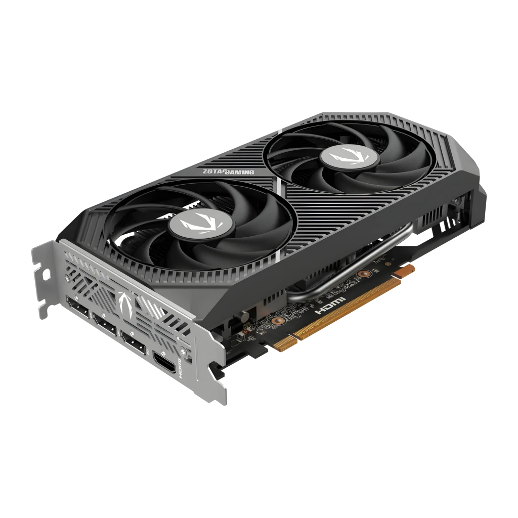 ZOTAC RTX 5060 Twin Edge OC 8GB, vista en ángulo: dos ventiladores con logo Z, bracket con puertos DisplayPort y HDMI