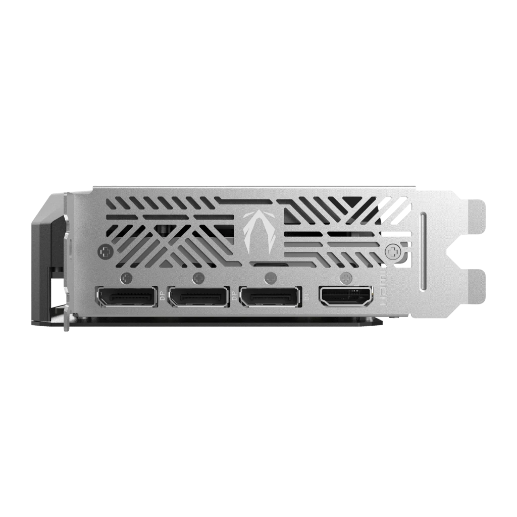 ZOTAC RTX 5060 Twin Edge OC 8GB, vista bracket: backplate plateado con 3x DisplayPort, 1x HDMI y logo ZOTAC calado