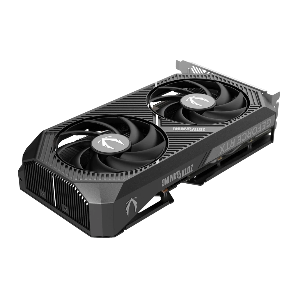 ZOTAC RTX 5060 Twin Edge OC 8GB negro, vista angular: dos ventiladores con logo, shroud gris y lateral GeForce RTX