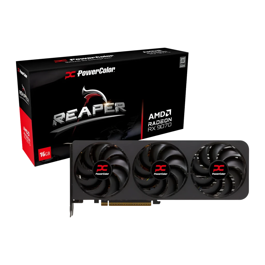 PowerColor Reaper RX 9070 XT 16GB negro, vista frontal con caja: tarjeta gráfica triple ventilador y packaging Reaper