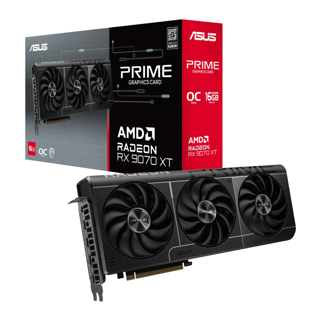 ASUS Prime Radeon RX 9070 XT OC 16GB, vista con caja: tarjeta gráfica negra con triple ventilador y packaging AMD
