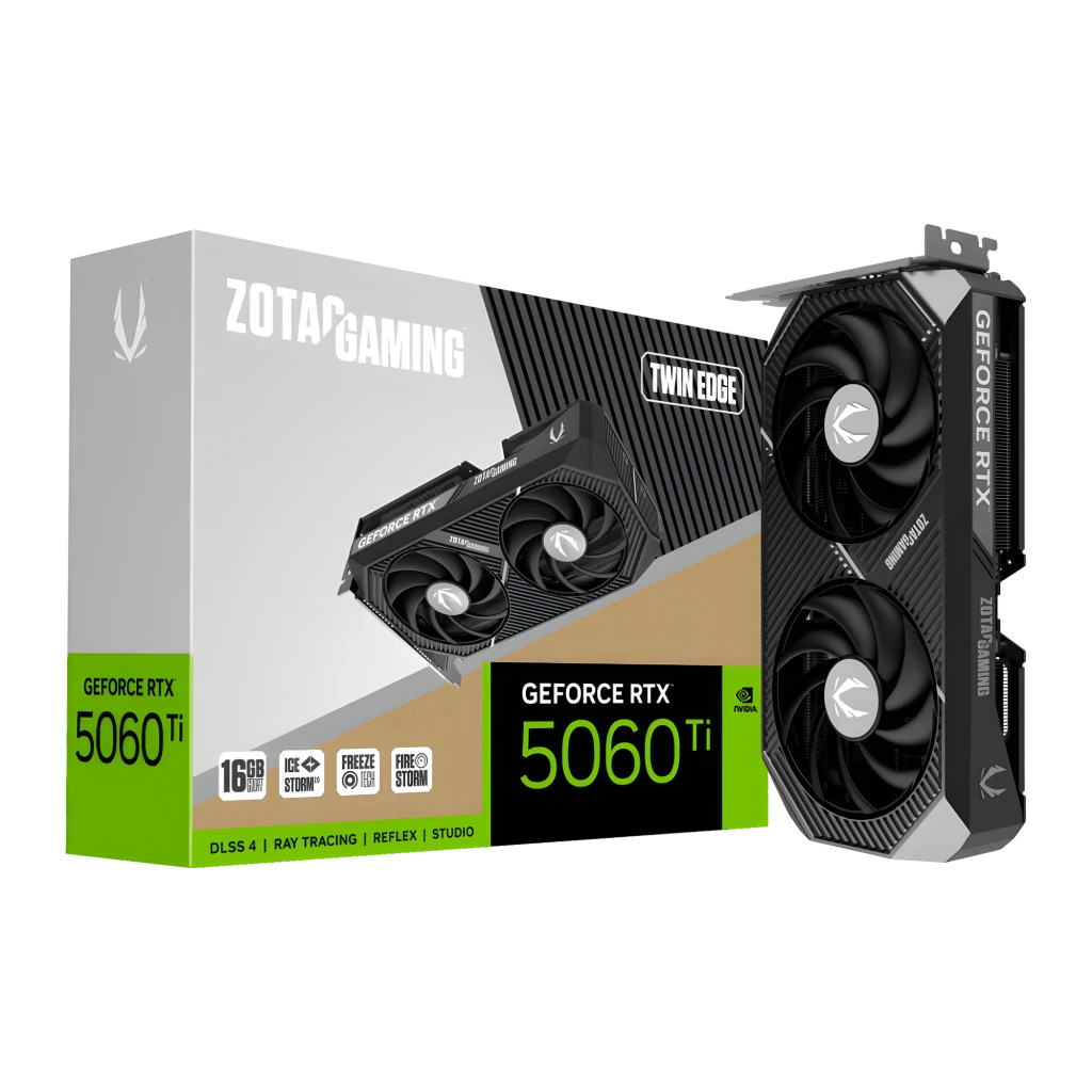 ZOTAC RTX 5060 AMP 8GB Negro, vista con caja: tarjeta gráfica negra con dos ventiladores junto a su caja de producto