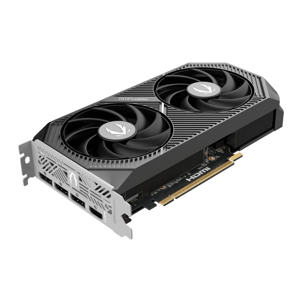 ZOTAC RTX 5060 AMP 8GB Negro, vista en perspectiva: dos ventiladores con logo, bracket con puertos DisplayPort y HDMI