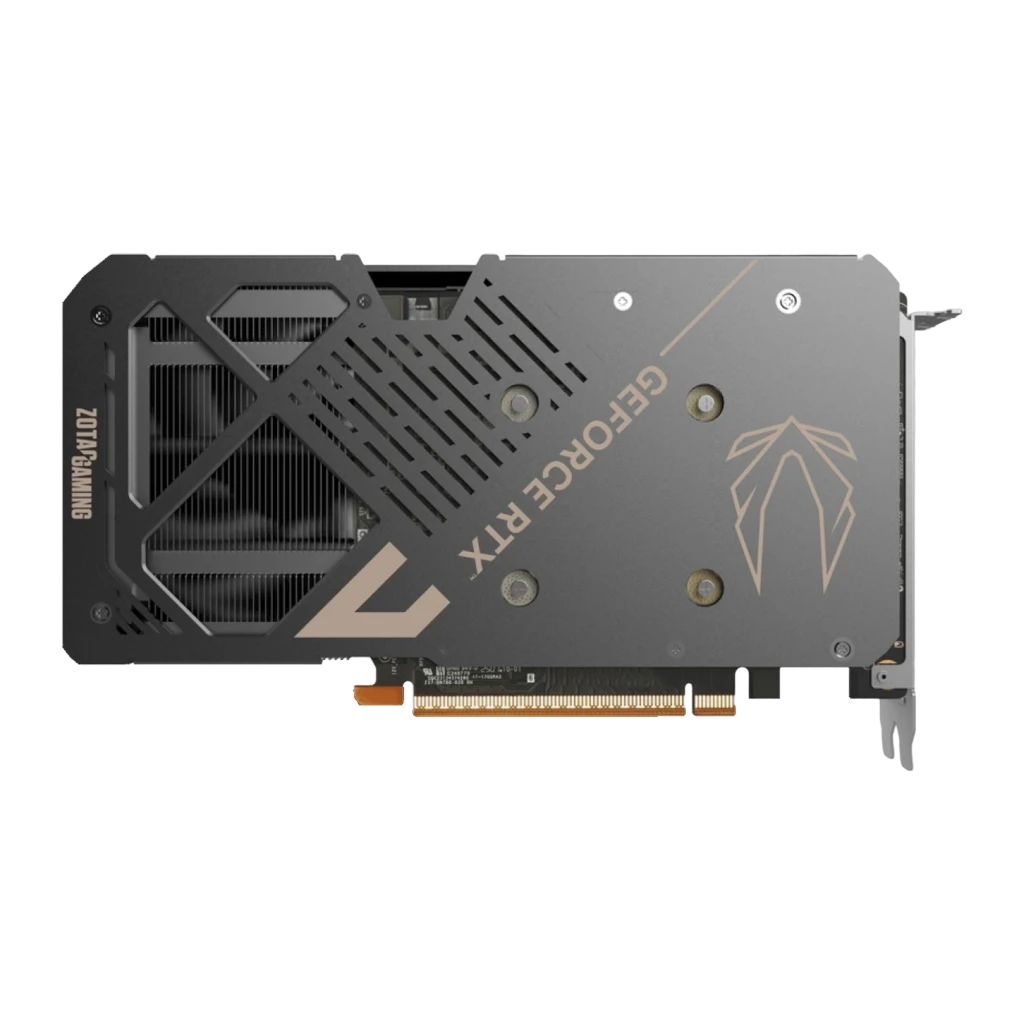 ZOTAC RTX 5060 AMP 8GB Negro, vista trasera: backplate negro con logo GeForce RTX, símbolo ZOTAC y conector PCIe dorado