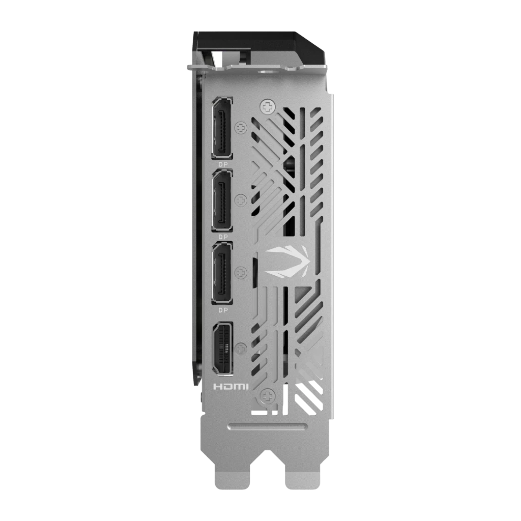 ZOTAC RTX 5060 AMP 8GB Negro, panel de E/S: 3 puertos DisplayPort, 1 HDMI y bracket plateado con logo ZOTAC