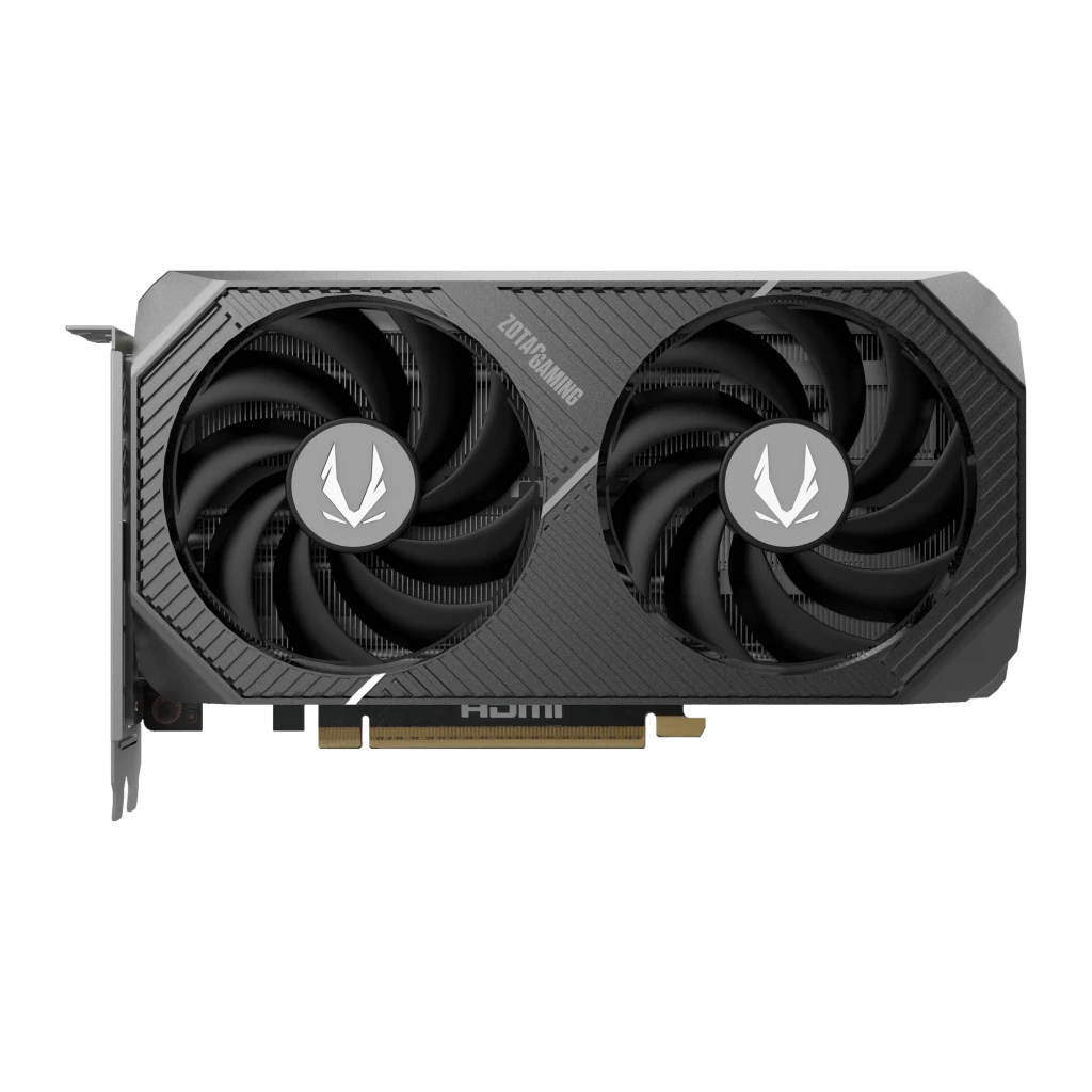 ZOTAC RTX 5060 AMP 8GB Negro, vista frontal: dos ventiladores con logo ZOTAC, shroud texturizado y conector PCIe dorado