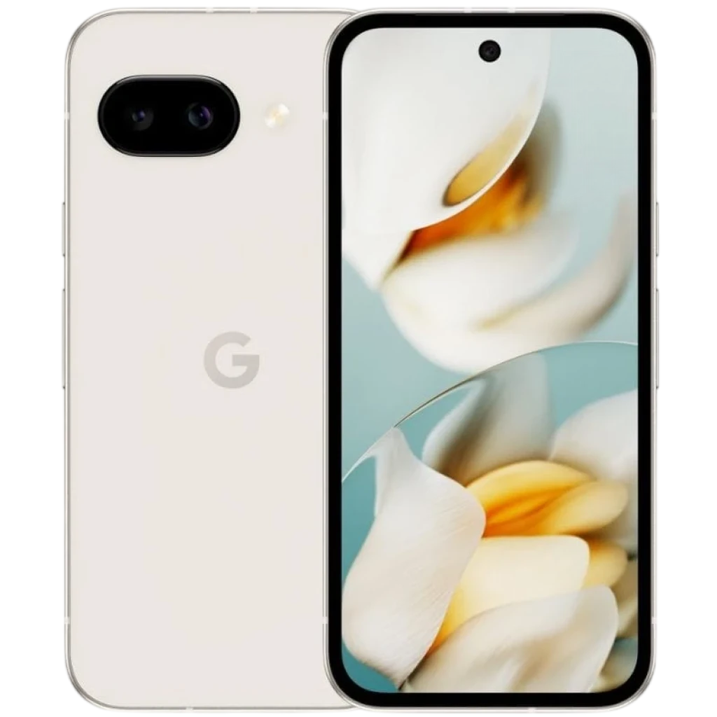 Google Pixel 9a 5G porcelana renovado excelente, pantalla con biseles finos y cámara frontal perforada, doble cámara trasera horizontal con flash, logo G