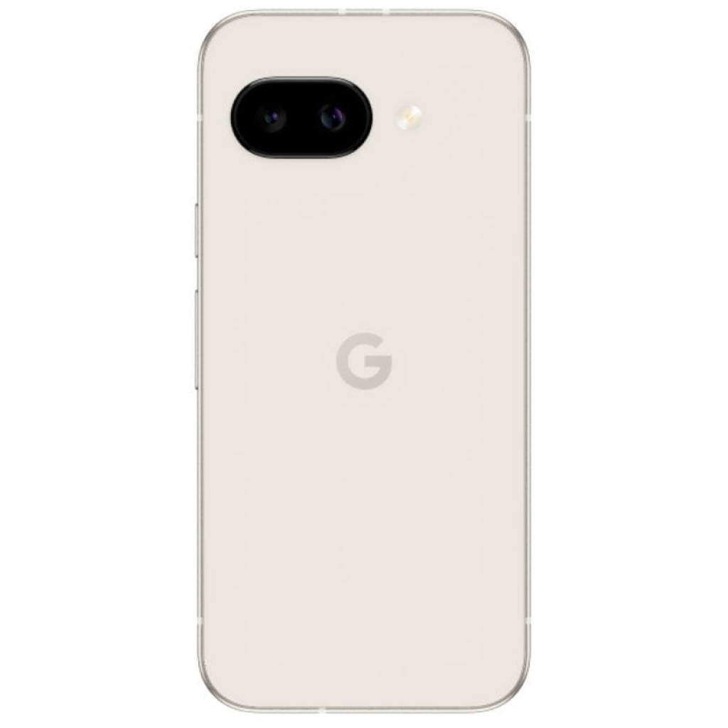 Google Pixel 9a 5G porcelana renovado excelente, trasera color marfil con logo G, cámara dual horizontal con flash, bordes curvos y acabado premium