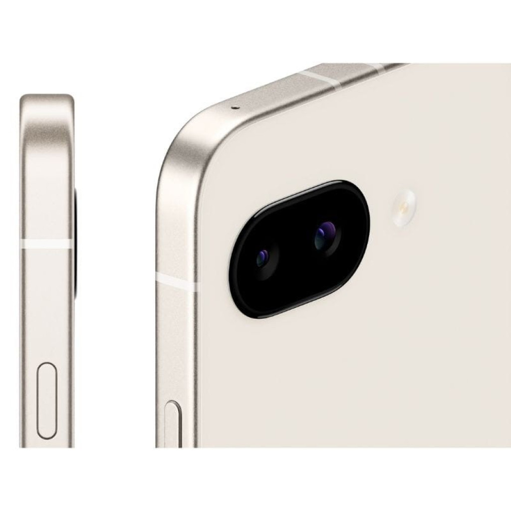 Google Pixel 9a 5G porcelana renovado estado excelente con doble cámara trasera y flash, bordes curvos y botón lateral; 8GB RAM y 128GB almacenamiento