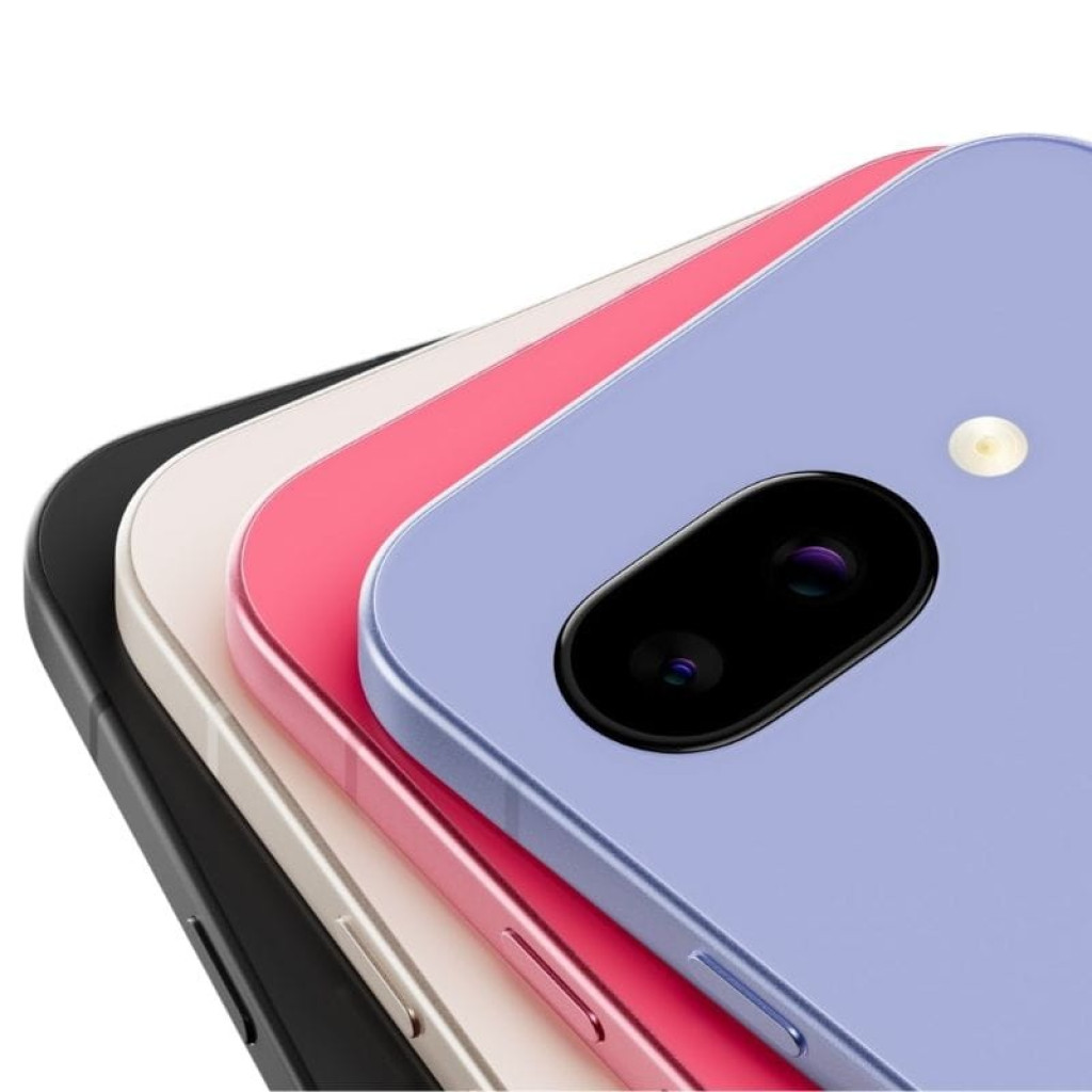 Traseras de Google Pixel 9a 5G en colores porcelana, negro, rosa y lila con módulo dual de cámara ovalado y flash LED; bordes suaves y acabado mate