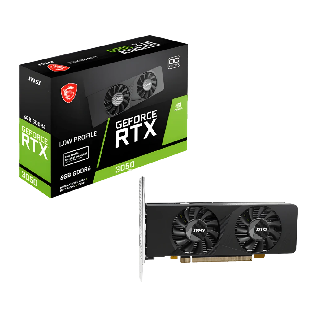 MSI GeForce RTX 3050 LP E 6G OC 6GB negra, producto y caja: tarjeta low profile con doble ventilador y packaging oficial