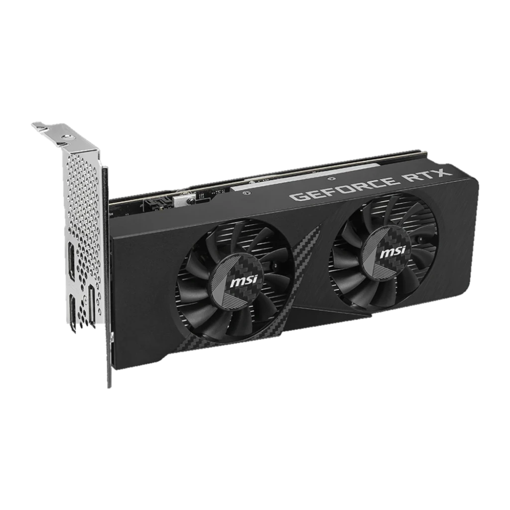 MSI GeForce RTX 3050 LP E 6GB noir, vue isométrique: support métallique et ventilateurs