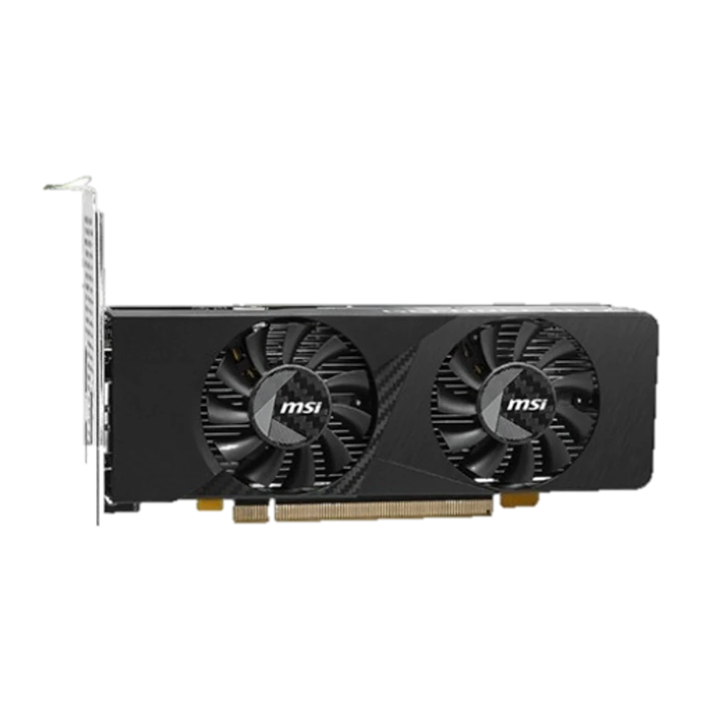 MSI GeForce RTX 3050 LP E 6GB noir, vue supérieure: deux ventilateurs et connecteurs dorés