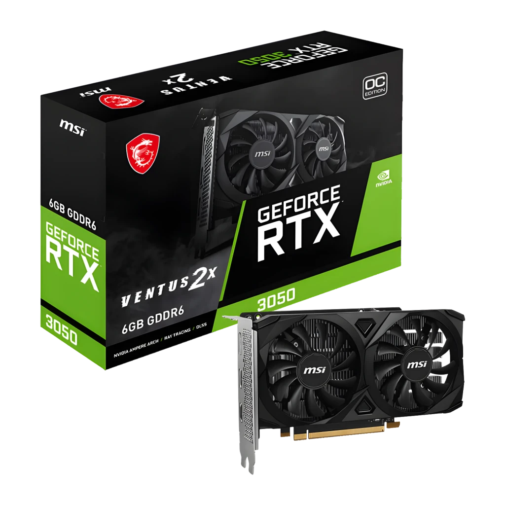 MSI GeForce RTX 3050 LP E 6GB Noir, boîte et carte: packaging Ventus 2X OC avec GPU double ventilateur