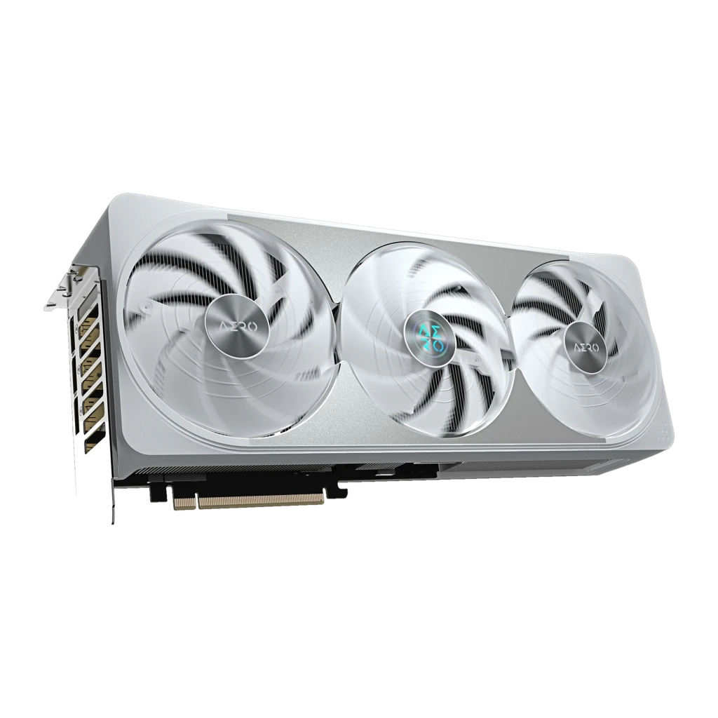 Gigabyte GeForce RTX 5070 Ti Aero OC 16GB blanc, angle 3/4: trois ventilateurs et ports de sortie