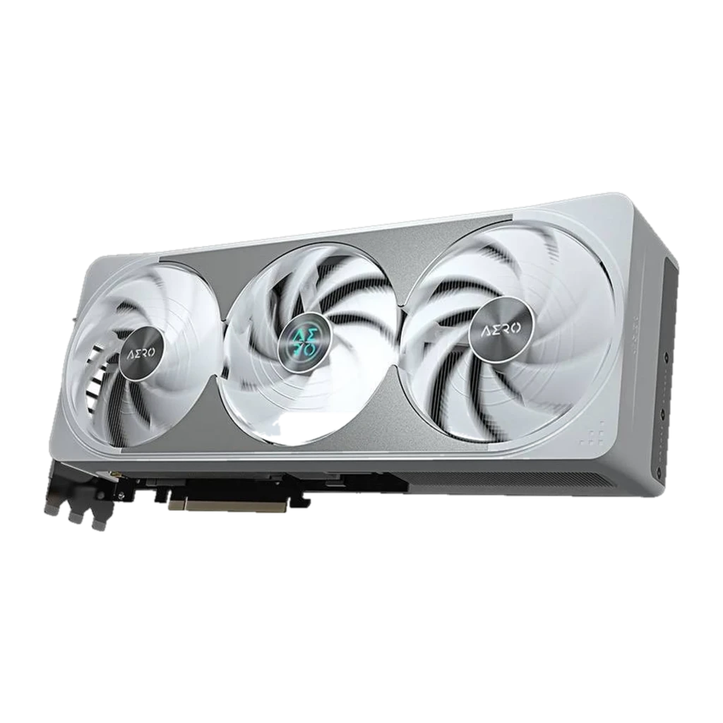 Gigabyte GeForce RTX 5070 Ti Aero OC 16GB blanc, perspective inclinée: ventilateurs et structure blanche