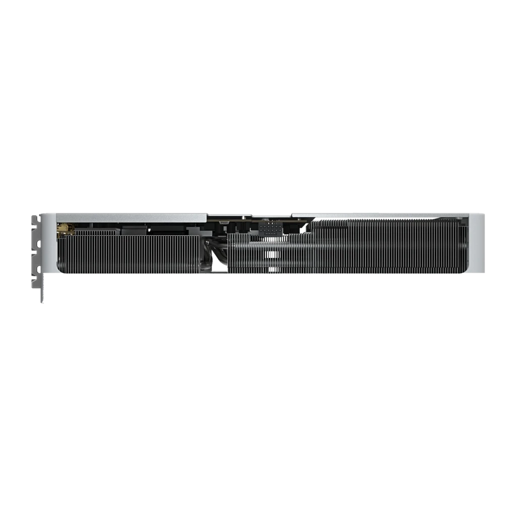 Gigabyte GeForce RTX 5070 Ti Aero OC 16GB blanc, vue de dessous: dissipateurs et composants internes