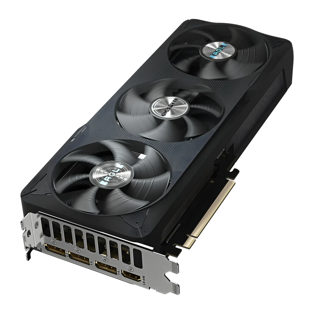 Gigabyte RTX 5070 GAMING OC 12GB Negro, vista en perspectiva: tres ventiladores, disipador texturizado y puertos HDMI y