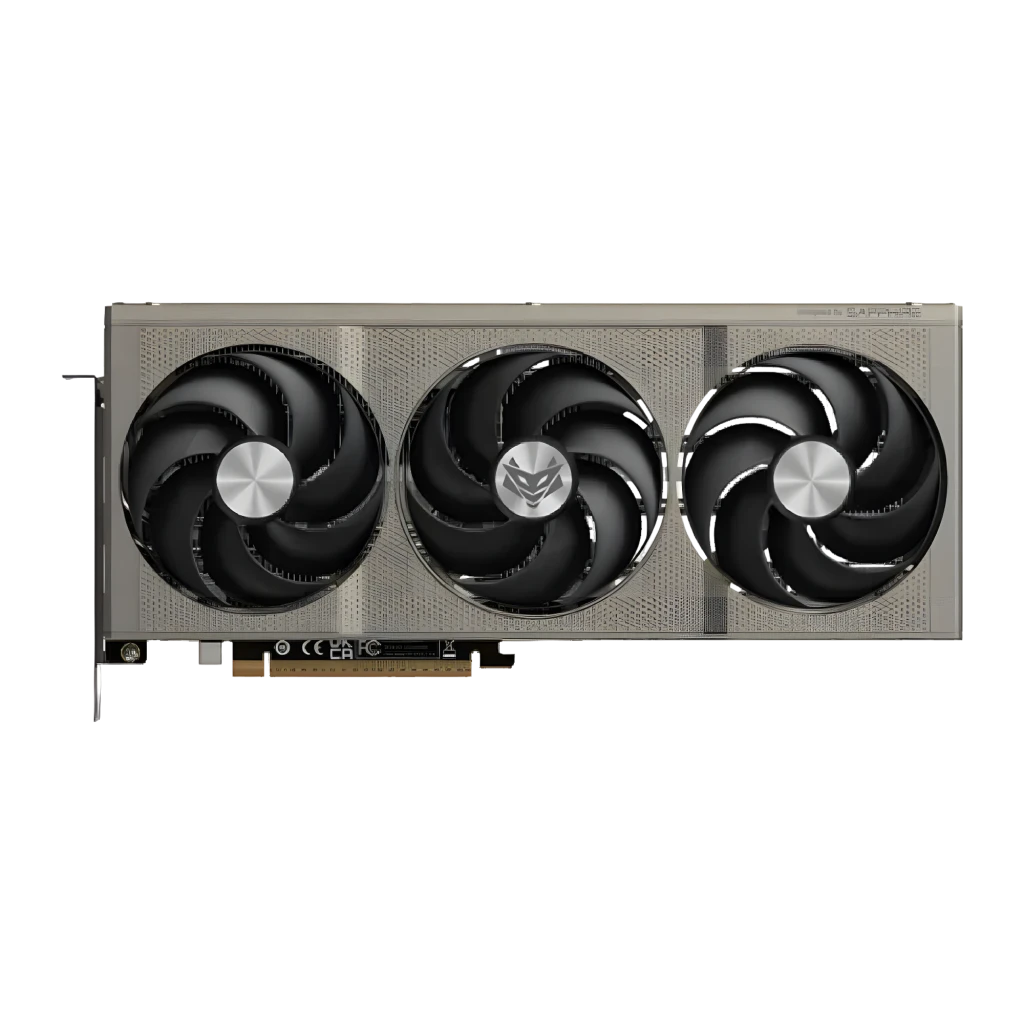 Sapphire Nitro+ Radeon RX 9060 XT 16 GB, vista frontal: tres ventiladores negros con cubierta plateada y logo Sapphire