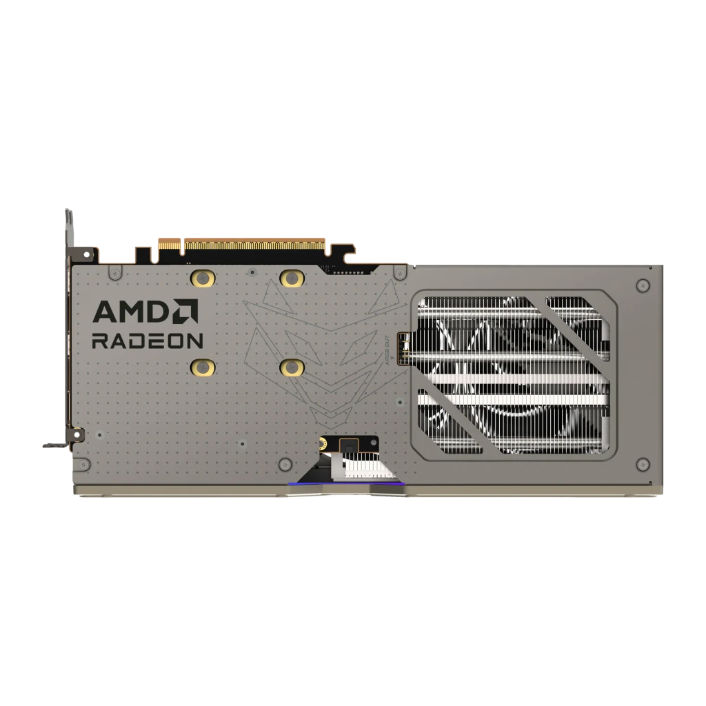 Sapphire Nitro+ Radeon RX 9060 XT 16 GB, reverso: backplate gris con logo AMD Radeon, ventilador y conector PCIe dorado
