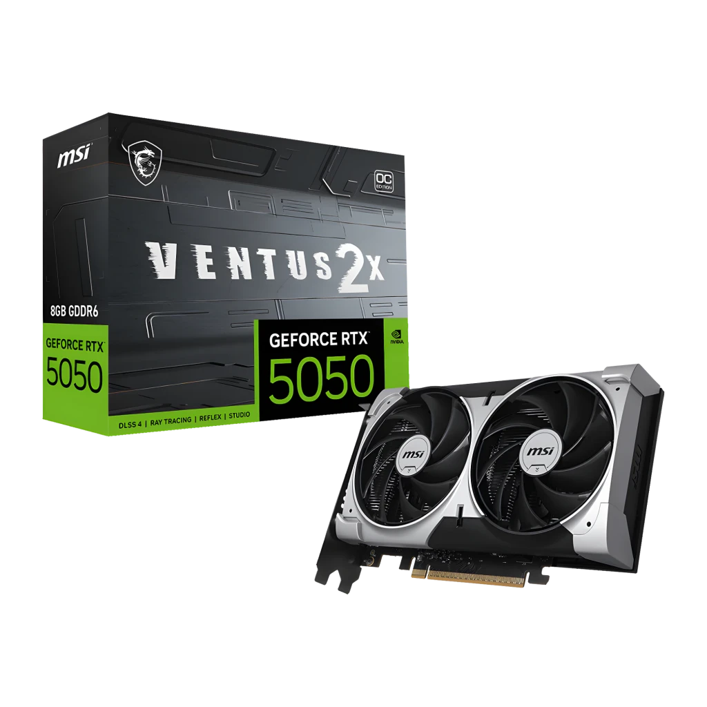 MSI GeForce RTX 5050 Ventus 2X OC 8GB Plata, vista con caja: tarjeta en ángulo frontal junto a caja negra y verde